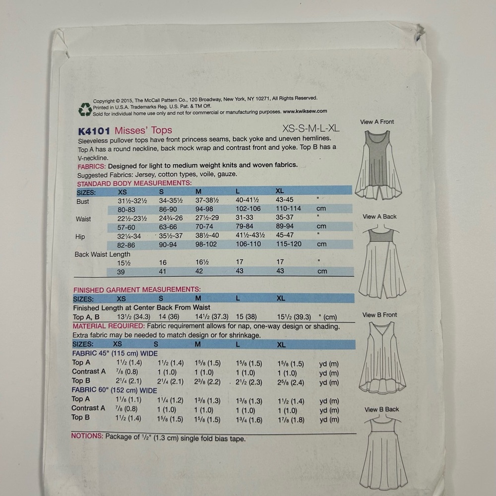 Kwik Sew K4101 Pattern Sleeveless Princess Seam Top Misses Size XS-XL UNCUT